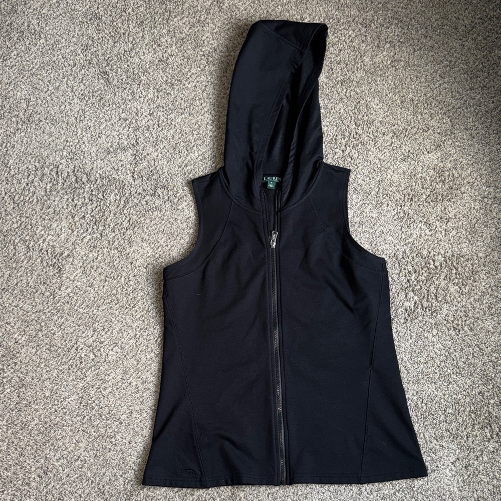 Lauren Ralph Lauren Black Hooded Zip-Front Knit Vest